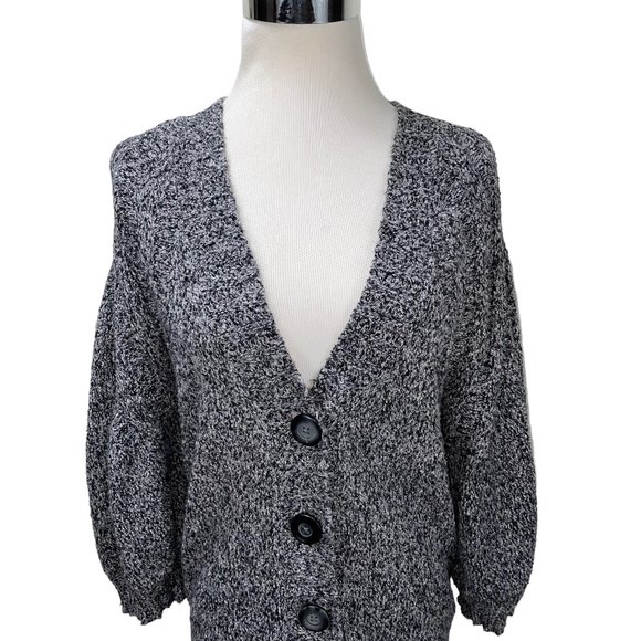 New J. Jill Black White Marled Cotton Blend Cardigan Sweater Lightweight - Picture 3 of 11